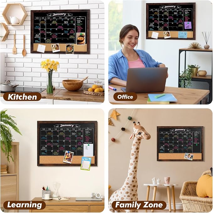 Gotideal Chalkboard Calendar 24" x 18" Chalk Board Calendar for Wall Magnetic Chalkboard Framed,Wall Mounted,Blackboard for Office,Kitchen,School,Home