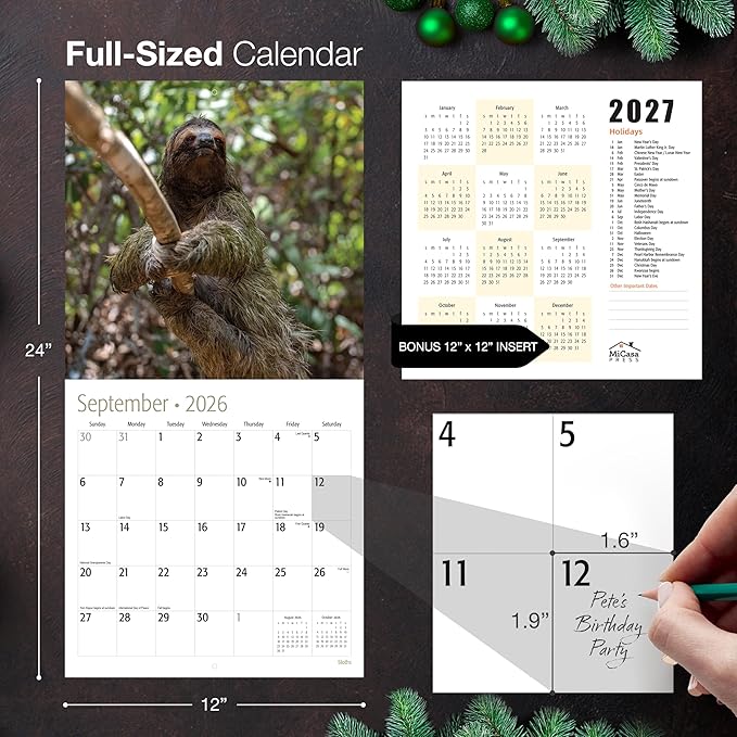 MICASA PRESS Sloths 2026 Wall Calendar 12 Month | 12” x 24” Open | Thick & Sturdy Paper | Giftable | Animal Calendar 2026