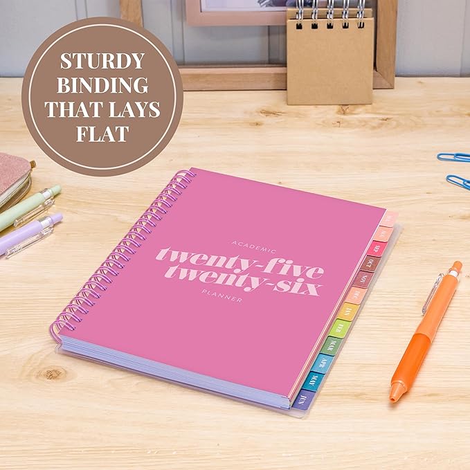 Rileys Academic Planner 2025-2026, Daily, Weekly & Monthly Planner, July 2025 - June 2026, Student Notes Pages, Twin-Wire Binding, Weekly Agenda for School & Work (8 x 6-Inches, Pink, Diagonal)