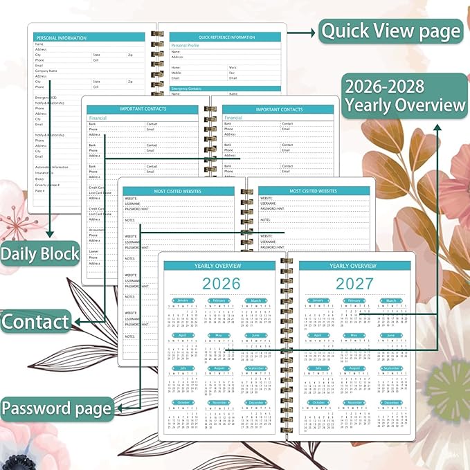 2026-2028 Planner, Three-Year Planner, Daily Plan and Monthly Plan Book, Bound with Iron Circle, A5 (8.26 "x 5.9") (Pink)