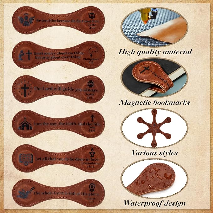 Spakon 6 Pcs Christian Fathers Day Magnetic Bookmark Gifts Bible Bookmarks Religious Personalized Magnetic Leather Book Marker for Men Women Coworkers Teachers Students(Brown,Classic)