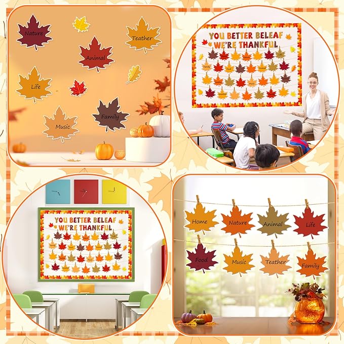 Pajean Thanksgiving Bulletin Board You Better Be Leaf We're Thankful Cutouts Fall Classroom Decor with Wooden Clips Rope for Autumn School Home Chalkboard Wall Window Door Decor