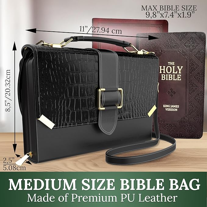DEHITE Bible Cover Case for Women – Bible Carrying Bag for Women – Croco Black Large Purse Case – Fits Book 9.8x7.4 x1.9 in – Pen Slots – Zippered Pocket – Shoulder Strap – Premium PU Leather