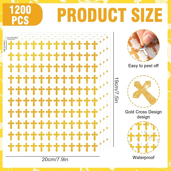 Whaline 1200Pcs Easter Mini Holographic Stickers Self Adhesive Stickers Gold Cross Sparkly Label Decals for Craft Scrapbook Envelope Card Teacher Reward, 10 Sheets