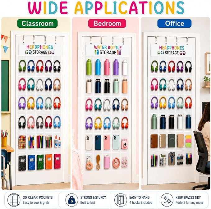 Classroom Headphone Storage Organizer Over the Door Hanging Headphone Storage Bag 30 Clear Organizer Holder Pockets with 2 Stickers 4 Hooks for School Cell Phone Calculators Organization Supplies