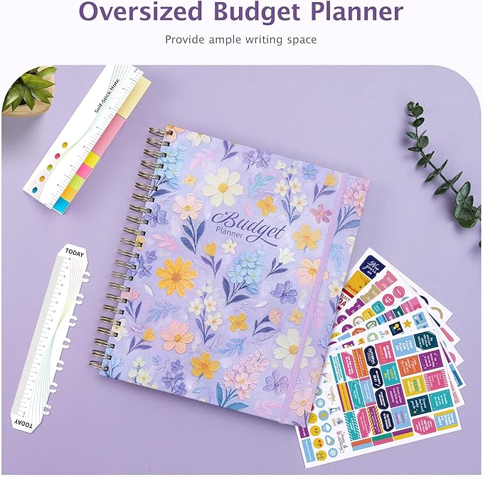 Ospelelf Budget Planner Undated, Money Expense Tracker with Pocket & Stickers, Thick Cardboard Cover, Large Pages for Spacious Writing, Original Fun Colorful Design, 12 Month Financial Notebook, Purple Floral