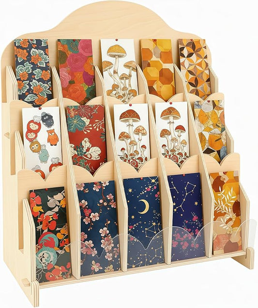 Ebrima Bookmark Display Stand, Wood Bookmark Holder Display for 2”, Adjustable Stand, 15 Compartments, Portable Versatile Holder for Vendor, Craft Fairs, Retail Store Shop, Home decor