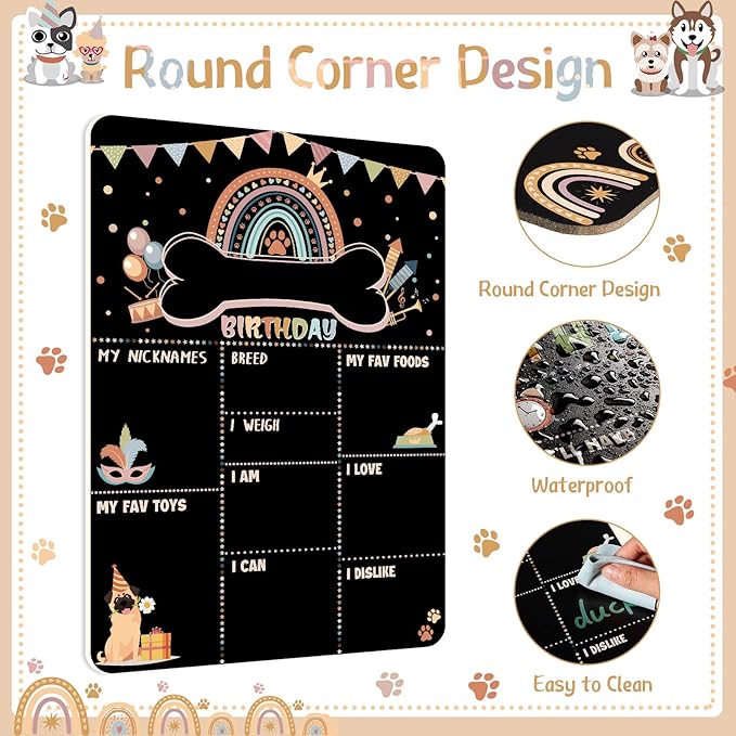 Tiamon Dog Birthday Chalkboard Boho Themed Dog Birthday Photo Props Rainbow Pet Milestone Chalkboard Sign for Party Supplies Double Sided Reusable Erasable 14 x 10 Inch