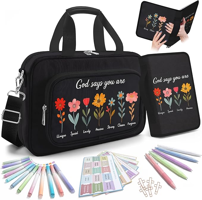 Large Bible Bags for Women Organizer with Bible Cover Case, Bible Cover Study Supplies Bible Journaling Kit Book Carrying Case with Bible Highlighters Tabs, Christian Gift for Women Mom