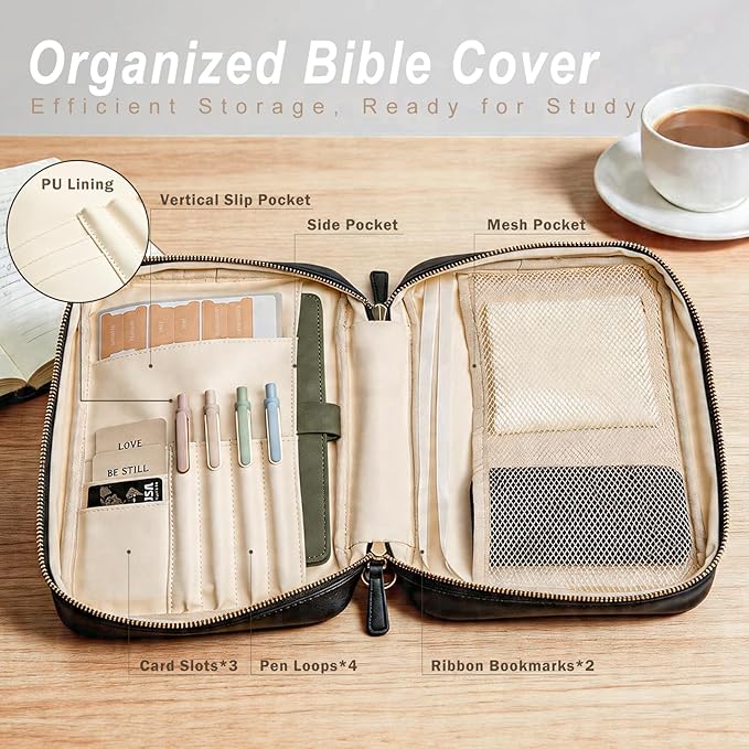 Bible Cover Case for Women, Vegan Leather Bible Carrying Case with Strap and Zipper, Bible Study Kit with Journal, Pens, Tabs and Sticky Notes, Large Bible Bag for Church, Ideal Gift (Black)
