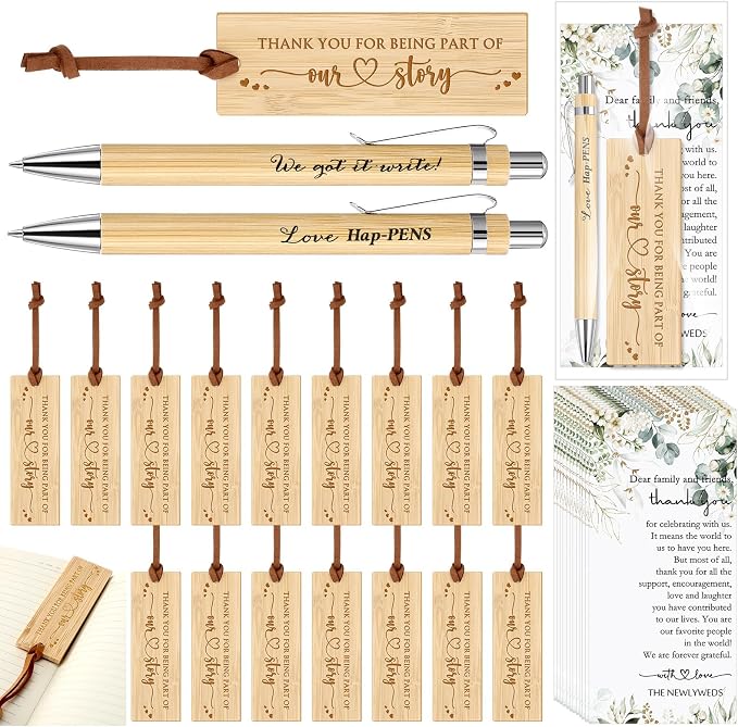 Skyygemm 50 Sets Wedding Party Favors for Guests Include We Got It Write Wood Bamboo Pens Bookmarks with Tassel Thank You Cards with Bag Wedding Favors Welcome Bag Stuffers for Bridal Shower Party