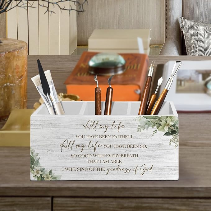 Christian Pen Pencil Holder Organizer for Desk Accessories, Religious Bible Verse Scripture Wooden Box Sign Desk Decor for Home Office Decoration, Christian Office Decor