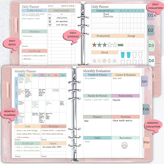 ADHD Planner Refill Pages for A5 Binders 240 Sheets/480 pages Planner Inserts Daily Weekly Monthly for 6 Ring Binder Undated Planners Refills Colorful To Do List Refill Paper 120 GSM Thick Loose Leaf Paper for 6 Months Neurodivergent Journal Productivi...