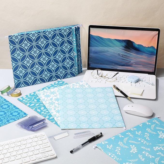Estune 32 Pcs Blue Decorative Hanging File Folders Letter Size Cabinet File Folders Organizers with 1/5 Cut Adjustable Tabs for Office Desk School Filing Cabinet Home