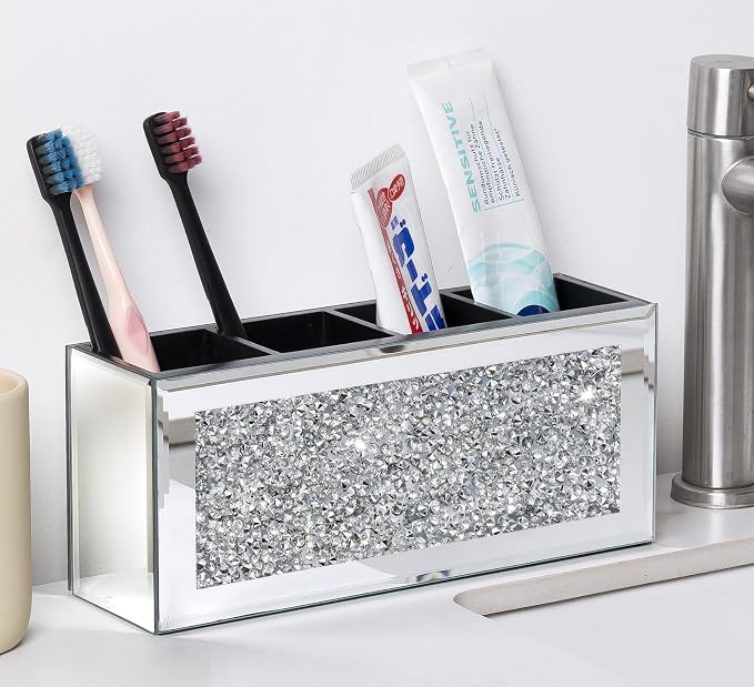 Mirrored Pen Holder 4 Compartments, Crushed Diamond Pencil Holder for Desk Glass Pen Organizer Cup for Countertop Accessory Storage, Silver
