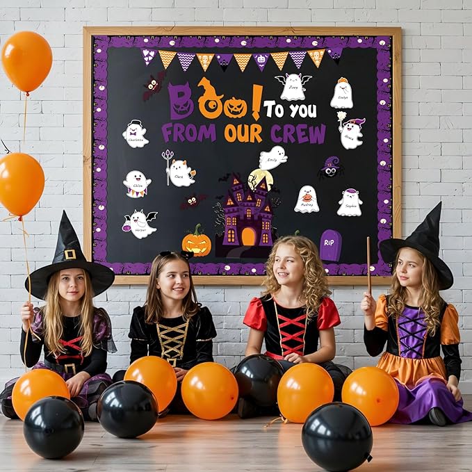 112pcs Halloween Bulletin Board Decoration Set Cute Ghost Name Tag Paper Cutouts Pull the Flag Pumpkin Bat Spider Tombstone Ghost House Cut Outs for Halloween School Home Office Wall Decor