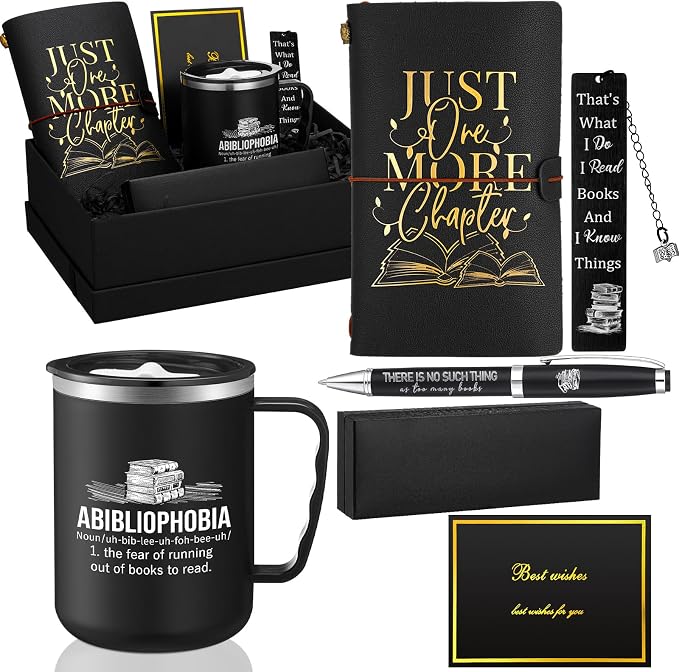 Shellwei 6 Pcs Book Lovers Gifts for Father's Day Men Gifts 17 oz Abibliophobia Coffee Mugs Leather Journal Notebook with Ballpoint Pen Metal Bookmark Greeting Card Box Gift for Librarian Bookish Men