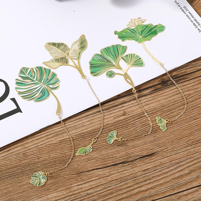4pcs Metal Bookmarks with Chain Lotus Leaf Bookmark Birthday Gifts Teacher Christmas Gifts Unique Plant Gifts Literary Accessory Appreciation Stuffers for Women Grils Readers Writers Book Lovers