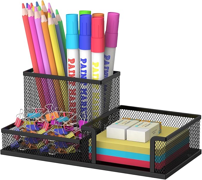 SUPEASY Pen Holder Desk Organizer, Office Supplies Pencil Holder with 3 Compartments, Desk Accessories and Workspace Organizers for Home School Classroom, Black
