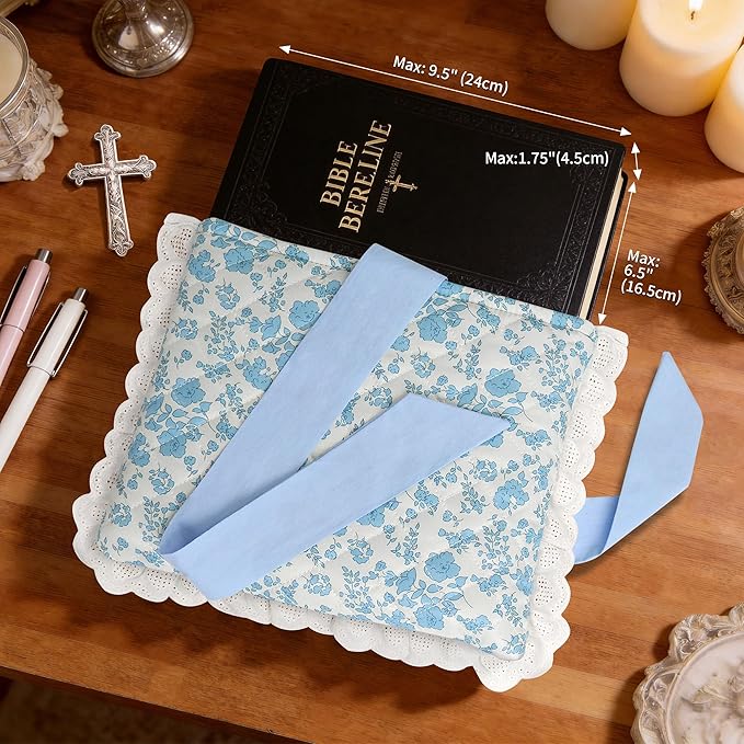 Vintage Blue Floral Quilted Bible Cover for Women – Fits Standard Size Bible Book Padded Protector Washable Cotton Bag with Elegant Lace Trim & Bow Handle – Includes Interior Zipper Pocket