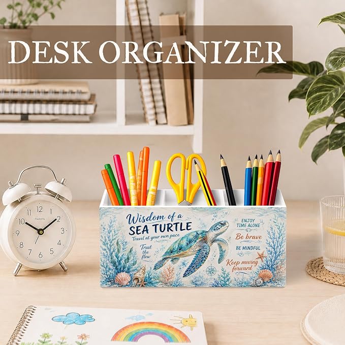 Inspirational Coastal Sea Turtle Pen Pencil Holder for Desk, Sea Turtle Gifts, Beach Ocean Marine Life Motivational Wooden Pencil Holder Organizer Desk Accessories Decor for Home Office
