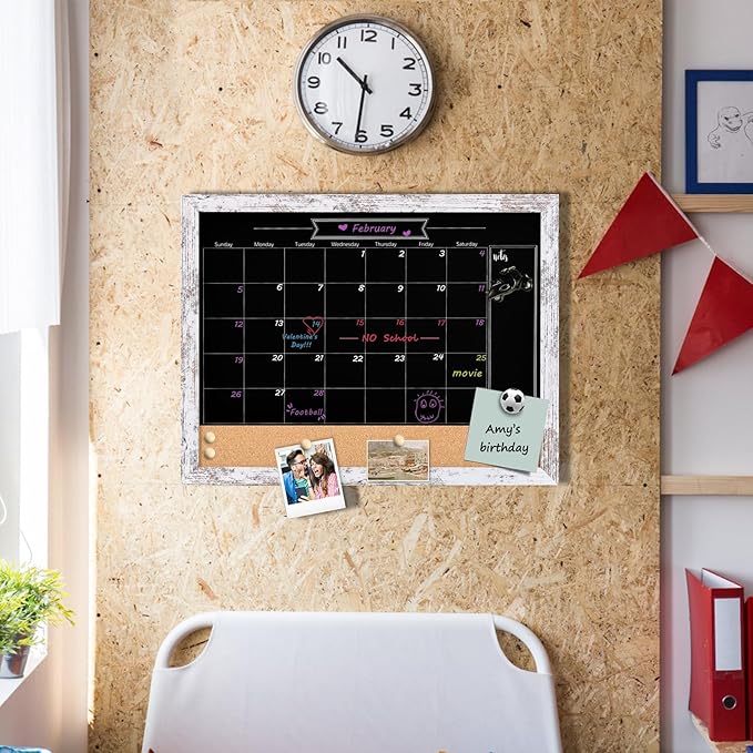 TORASO Magnetic Chalkboard Calendar Corkboard, Small Combination Chalk Board Bulletin Board, 13" x 17", Vintage White Framed Blackboard Calendar Cork Combo Board(ZHHB-Wood WH-3343)