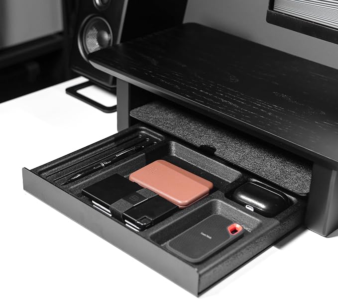Raico Desk Shelf Tray Drawer Organizer with Compartments for Monitor Stand System Metal & Cork Accessory Tray for Cockpit Setup | Black