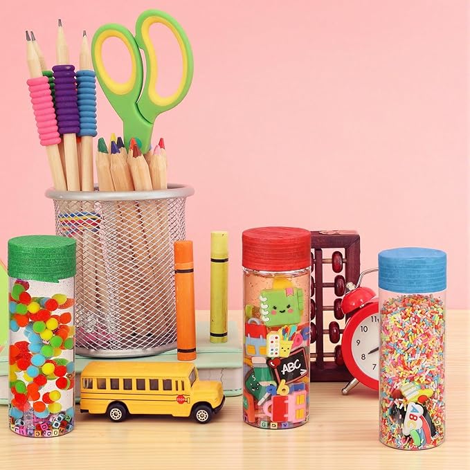 146 Pcs Sensory Bottles Filler Fine Kits Sensory Bin Items Counting Sorting Supplies for Education Activities Include Pom Poms Pen Scissors Notebooks