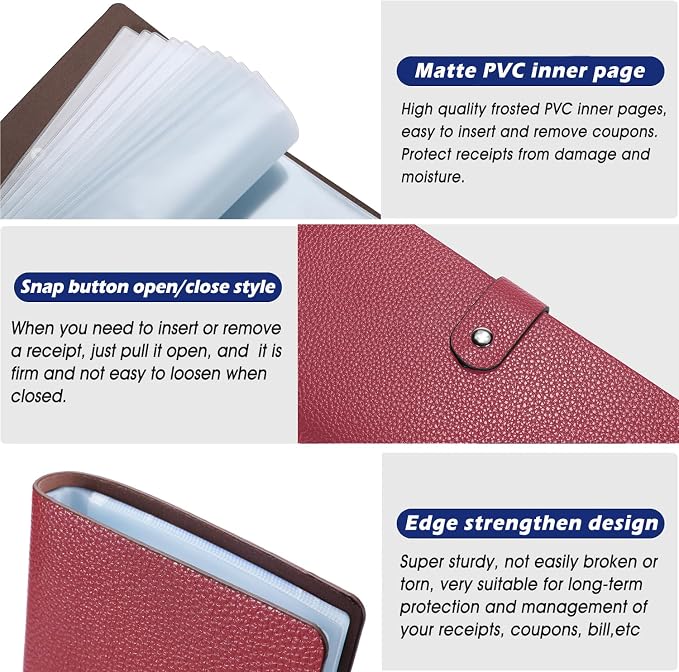 Leather Receipt Organizer, Coupon Organizer with 40 Clear Pockets, Receipt Holder for Home,Travel, Shopping,BusinessTrip, Keeping Receipts and Coupons Organized,Prevents Loss and Damage(DarkRed)