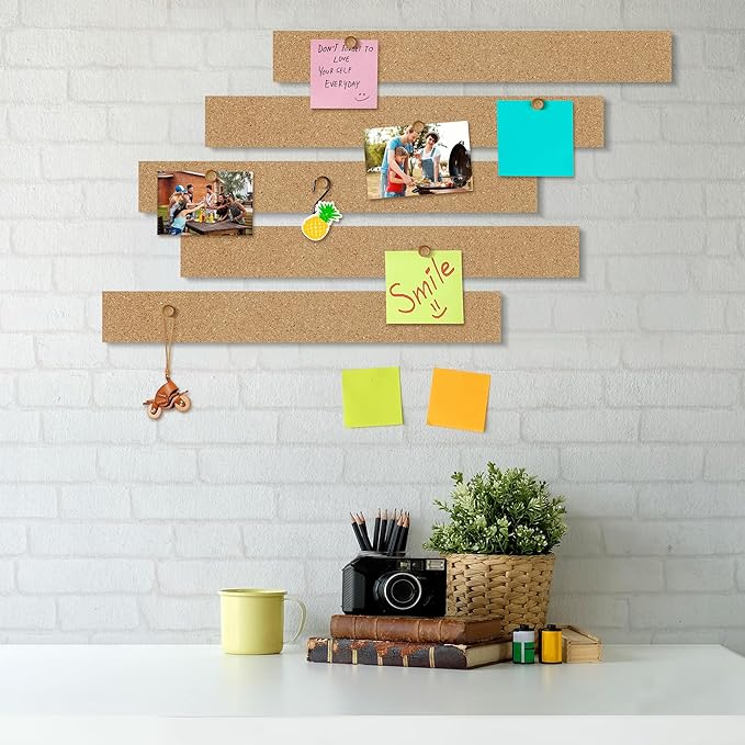 Aodaer 30 Pack Cork Boards Strips 15 x 2 Inch Board Bar Strips with 150 Push Pins and 90 Adhesive Stickers Frameless Bulletin Board for Office School Wall Decorations