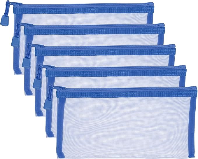 PATIKIL B6 Mesh Zipper Pouch Bags, 5 PCS Mesh Bags with Zipper Plastic Storage Pocket for Organizing File Beads Office Home Supplies, 11.5x23cm, Blue