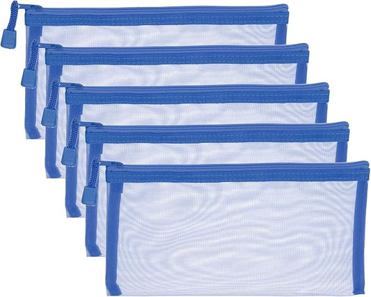 PATIKIL B6 Mesh Zipper Pouch Bags, 5 PCS Mesh Bags with Zipper Plastic Storage Pocket for Organizing File Beads Office Home Supplies, 11.5x23cm, Blue