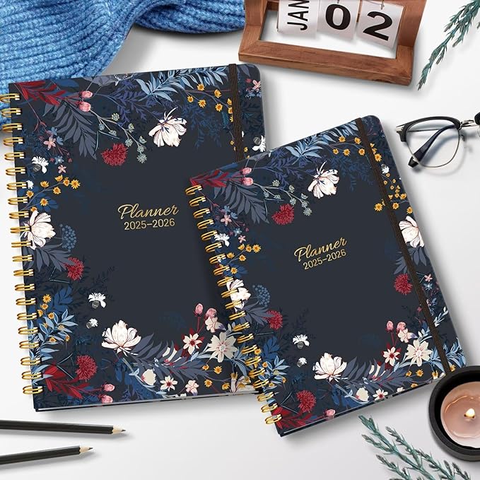 Lonely Oak Academic Planner 2025-2026, Daily Weekly and Monthly Calendar Planner 8.5" x 11" with Tabs, Spiral School Year A4 Agenda from JUL.2025 to JUN.2026 for Student and Teacher (Black Bloss)