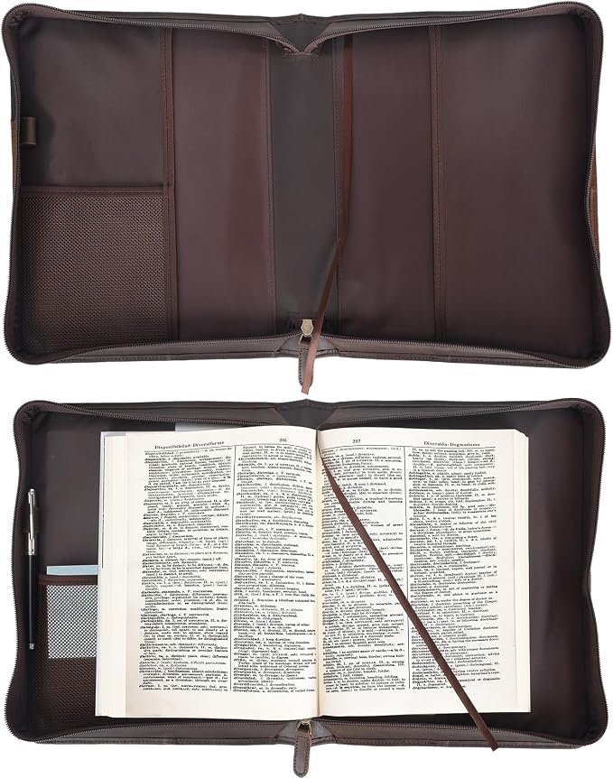 Polare Full Grain Leather Bible Case Book Protective Holder Bible Cover Church Bag Christian Religious Carrying Organizer Portfolio for Men (Dark Brown & Brown, Large)