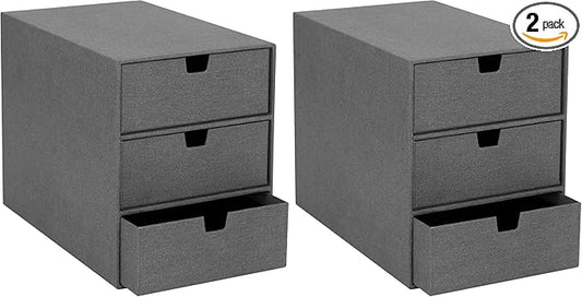 Bigso Box of Sweden Ingrid 3-Drawer Canvas Fiberboard Desk Organizer for Office Supplies and Accessories - Stackable Makeup Drawer Organizer - 6.3in x 9.9in x 8.1in - Grey (Pack of 2)