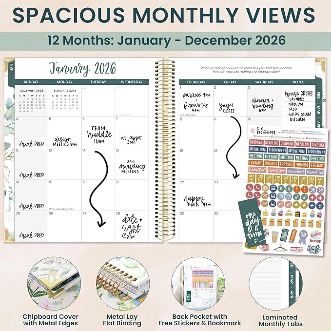 bloom daily planners 2026 Hardcover Calendar Year Goal & Vision Planner (January to December) - Monthly & Weekly Agenda Organizer - 7.5" x 9" - Eucalyptus, White