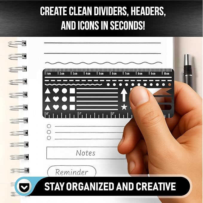 Stainless Steel Pocket Journaling Card – Bullet Point Stencils, Planner Stencils, Calendar Stencil & Habit Tracker – Unique Shapes Journal Ruler & Bookmark for A5 Planners & Journaling Supplies