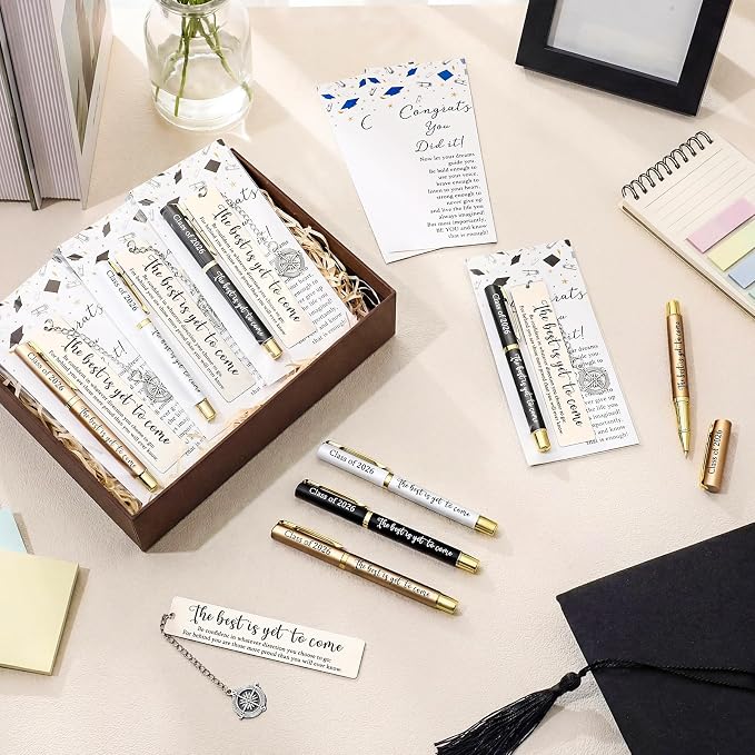 Affrolling 12 Sets Class of 2026 Graduation Gifts Bulk – Graduation Pens, Compass Bookmarks, Cards & Clear Gift Bags, Inspirational Party Favors for Students & Teachers(Black,White,Gold)