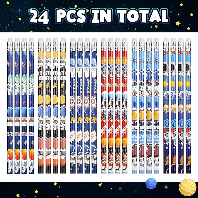 24 Pcs Space Pencils for Kids，Novelty Fun Lead Pencils with Eraser Rocket and Space Party Favors for Birthday Party，Classroom for Teacher Supplies，Student Favors Reward