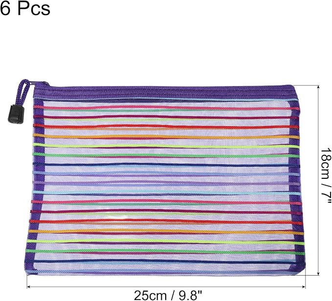 MECCANIXITY Mesh Zipper Pouches, A5 Colorful Pencil Case Document File Bags Storage Organizer for Office Supply Travel Accessory, Purple Pack of 6