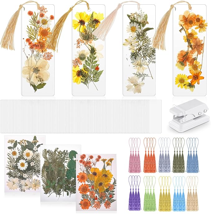 Fuyoooo 376 Pcs Dried Flower Bookmark Making Kit, DIY Bookmark Laminating Pouches with Tassels and Puncher, Handmade Craft Kit for Women, DIY Gifts for Book Lovers (Light Colors,2 x 6 Inch)
