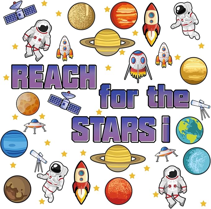 68 Pcs Outer Space Classroom Bulletin Border Decoration Star Cutouts Planet Astronaut Spacecraft Instrument Cutout Reach for The Stars Cutouts for Space Themed Classroom Chalkboard Wall (Outer Space)