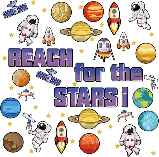 68 Pcs Outer Space Classroom Bulletin Border Decoration Star Cutouts Planet Astronaut Spacecraft Instrument Cutout Reach for The Stars Cutouts for Space Themed Classroom Chalkboard Wall (Outer Space)