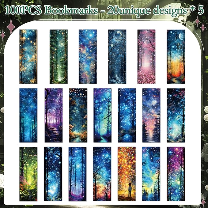 Fantasy Starry Night Forest Bookmarks - Cosmisun 100 Pcs Starry Night Sky Bookmark Paper Moon Space Book Marks Page Marker Clip Gifts for Women Men Boys Book Lovers Students Teachers Bookish Reading