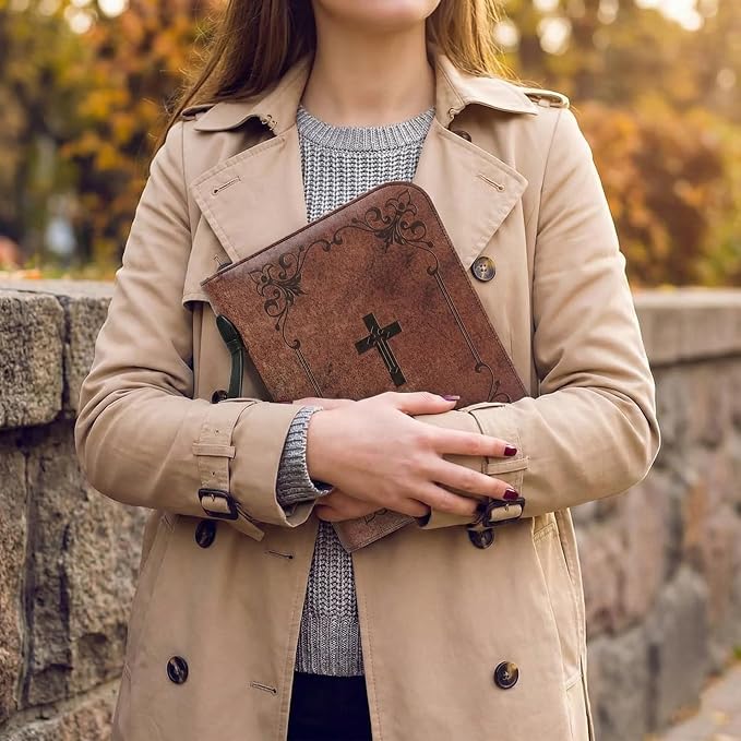 Large Bible Cover Case for Men & Women, Premium Faux Leather Bible Bag with Handle & Zipper, Christian Cross Book Carrying Case & Protector, Bible Study Supplies, Religious Gift(11.2 x 8 x 2.2 in)
