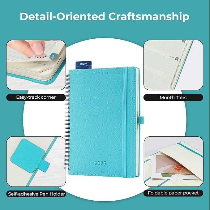 Planner 2026 Daily Weekly and Monthly,8.5"x6.5",12 Months Spiral Bound Calendar Agenda with Self-adhesive Pen Holder,2026 Appointment Book with Vegan Leather Soft Cover,Light Blue