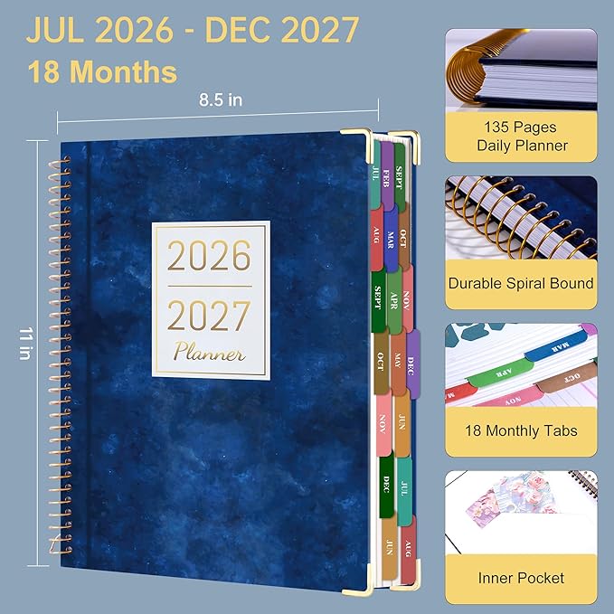 Yoment Planner 2026-2027 Weekly and Monthly 8.5"x11" Large Hardcover Planner from Jul 2026 - Dec 2027 18 Months Calendar Planners for Women Men Yearly Agenda Daily Weekly Planning with Tabs, Sky