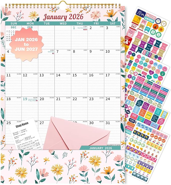 Ospelelf Wall Calendar 2026-2027 with Storage Pocket, 17" X 12" Monthly Large Planner Pad with Protective Cover and Stickers, for Family Fridge Office Teacher Student, January 2026 to June 2027 Ditsy Floral