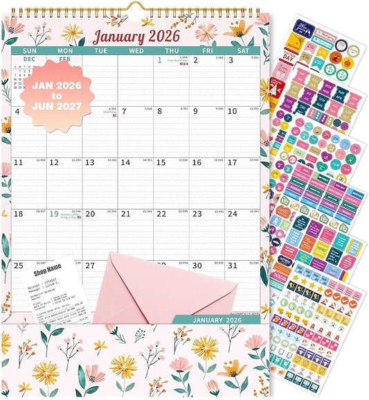 Ospelelf Wall Calendar 2026-2027 with Storage Pocket, 17" X 12" Monthly Large Planner Pad with Protective Cover and Stickers, for Family Fridge Office Teacher Student, January 2026 to June 2027 Ditsy Floral