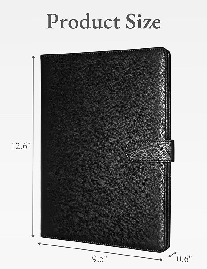 Mymazn Padfolio Portfolio Folder, Faux Leather Interview Resume Folder with Document Organizer & Business Card Holder, Letter-Sized Notepad Legal Pad Holder for Men Women (Black)